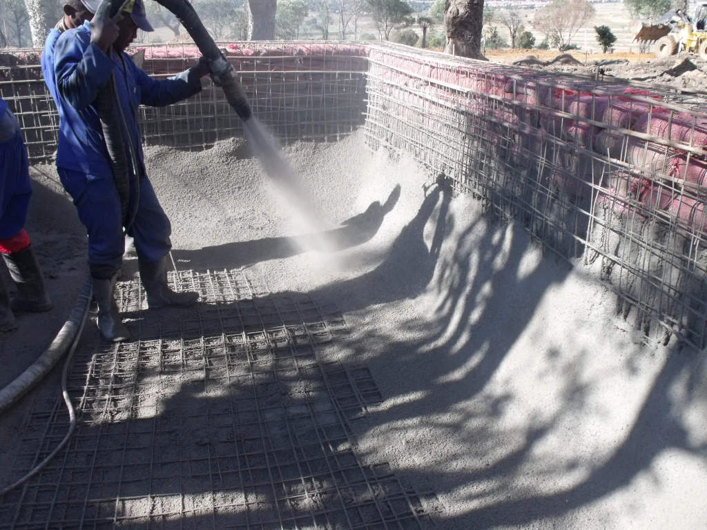 Water garden with ponds and rill, Waterfall — during construction