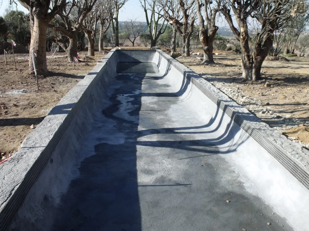 Water garden with ponds and rill, Waterfall — during construction