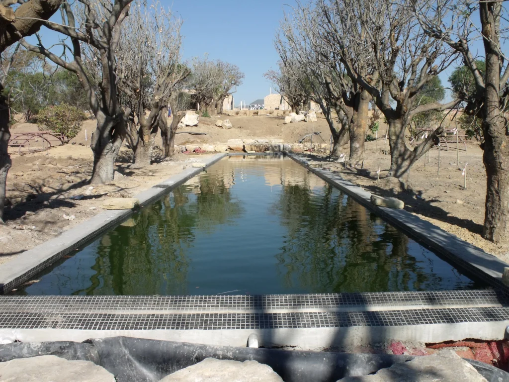 Water garden with ponds and rill, Waterfall — during construction