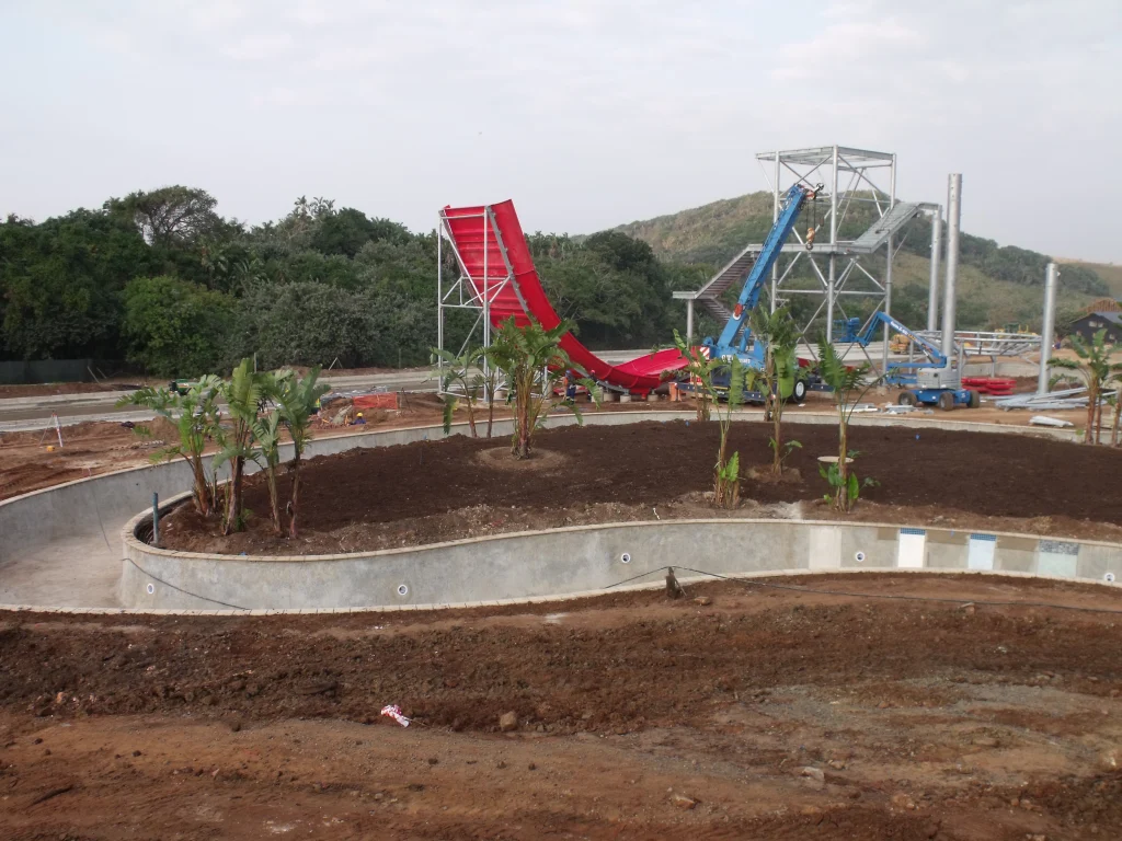 The gunite shell of the lazy river at the Wild Coast Sun waterpark, near completion
