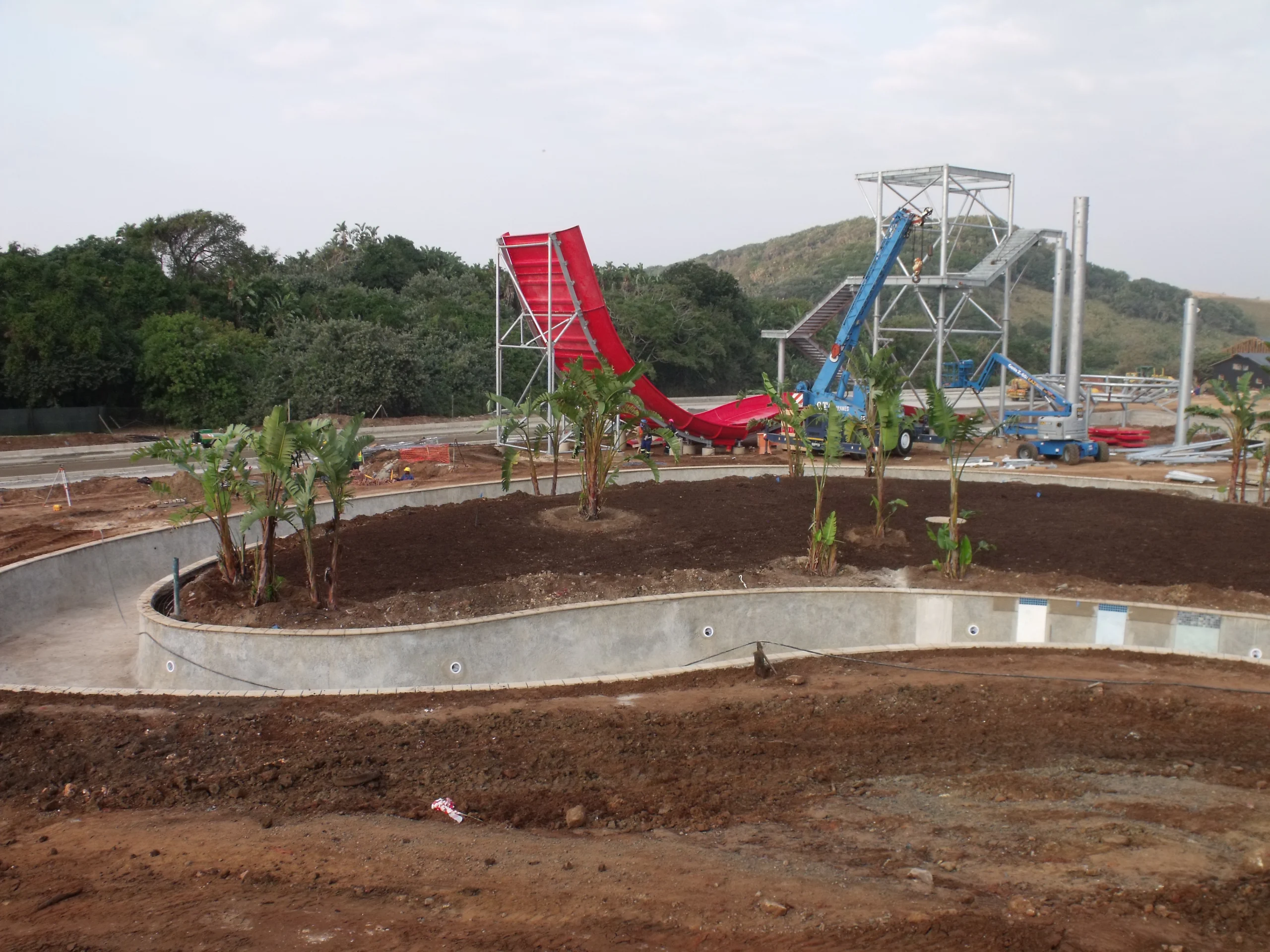 The gunite shell of the lazy river at the Wild Coast Sun waterpark, near completion